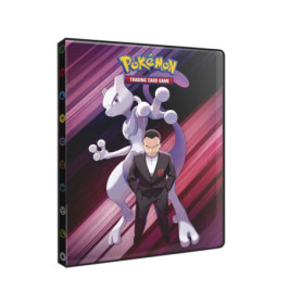 Pokémon-Sammelordner mit Mewtu und einem Anzugträger vor lila gestreiftem Hintergrund.