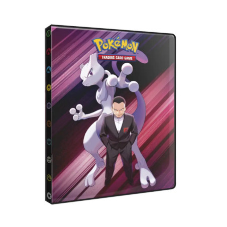 Pokémon-Sammelordner mit Mewtu und einem Anzugträger vor lila gestreiftem Hintergrund.