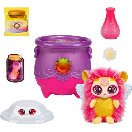 Rosa-lila Hexenkessel-Spielset mit Zauberzubehör und rosa Plüschfigur mit goldenem Bauch und Flügeln.