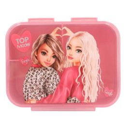 Rosa Brotdose mit zwei gezeichneten Mädchen, die auf dem Deckel ein Herz mit ihren Händen formen.