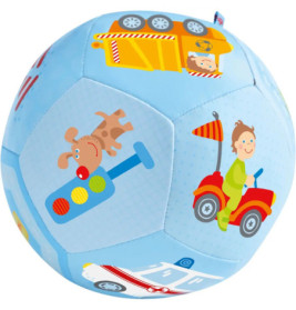 Hellblauer Ball mit Abbildungen von Kipplaster, Hund, Kind auf Fahrzeug und Krankenwagen.