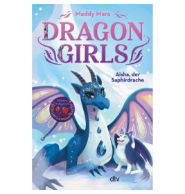 Ein blauer Drache und ein Husky sitzen im Schnee unter violettem Himmel der Buchtitel lautet Dragon Girls.