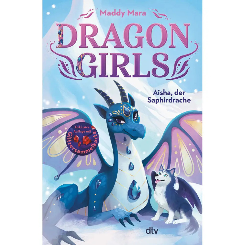 Ein blauer Drache und ein Husky sitzen im Schnee unter violettem Himmel der Buchtitel lautet Dragon Girls.