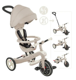 Beiges 4-in-1-Dreirad mit Verdeck, Schiebestange, Gurt und verschiedenen Aufbauvarianten.