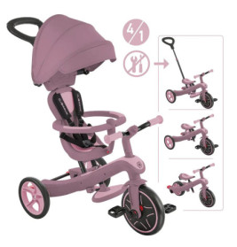 Pinkes 4-in-1-Dreirad mit Verdeck und Lenker, in verschiedenen Umbaustufen abgebildet.