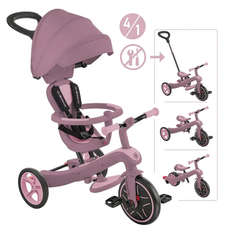 Pinkes 4-in-1-Dreirad mit Verdeck und Lenker, in verschiedenen Umbaustufen abgebildet.