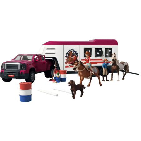Spielzeugauto mit Pferdeanhänger, Figuren von Pferden, Reitern, Hund sowie Fässern und Stangen.