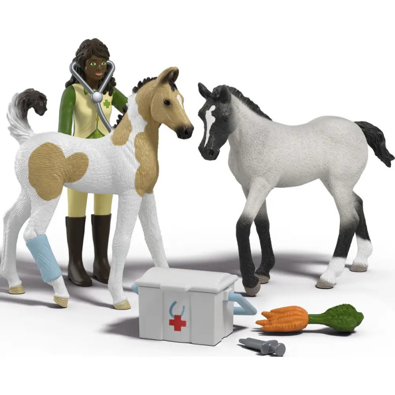 Spielfiguren: Tierarzt mit zwei Fohlen, Medizinkoffer, Karotten, Salat und Bandagen auf Weiß. Spielfiguren: Tierarzt mit zwei Fohlen, Medizinkoffer, Karotten, Salat und Bandagen auf Weiß.