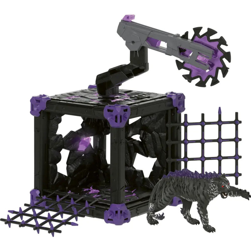 Spielzeugwolf mit roten Augen neben schwarz-lila Stachelkäfig und Kreissägefalle. Spielzeugwolf mit roten Augen neben schwarz-lila Stachelkäfig und Kreissägefalle.