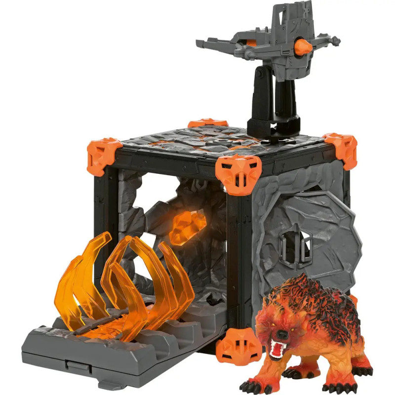 Spielset mit schwarz-grauem Käfig, orangefarbenen Krallen und einer orange-schwarzen Tierfigur. Spielset mit schwarz-grauem Käfig, orangefarbenen Krallen und einer orange-schwarzen Tierfigur.