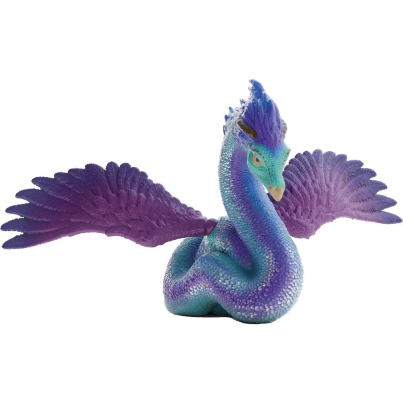 Blau-lila Fantasievogelfigur mit gespreizten Flügeln und auffälligem Kopfschmuck.