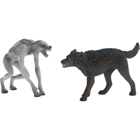 Ein fauchender Werwolf und ein schwarzer Wolf stehen sich als Figuren aggressiv gegenüber.