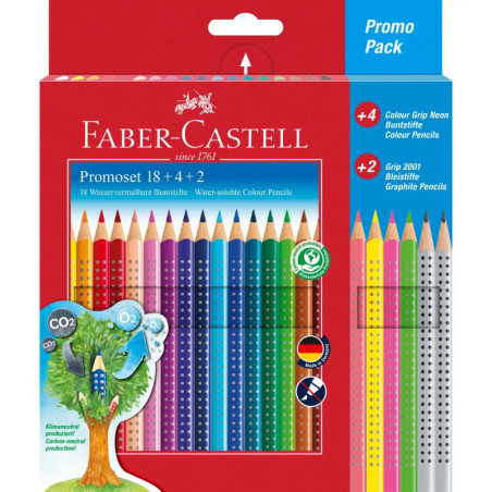 Faber-Castell Farbstifte, 24er Promo-Packung in verschiedenen Farben, mit Baum-Illustration.