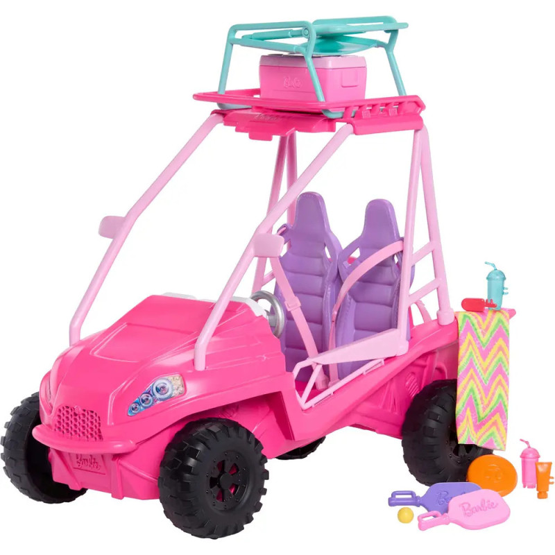 Rosa Spielzeug-Dünenbuggy mit zwei lila Sitzen, Surfbrett, Kühlbox und Strandzubehör daneben.