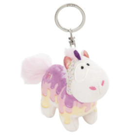 Schlüsselanhänger: Plüsch-Einhorn in Pastellfarben mit lila Horn und flauschigem Schweif.