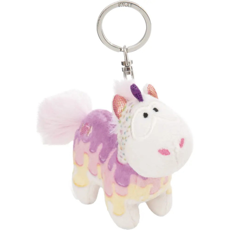 Schlüsselanhänger: Plüsch-Einhorn in Pastellfarben mit lila Horn und flauschigem Schweif.