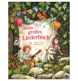 Kinder und Tiere singen und spielen Gitarre im Wald, ein Banner zeigt Mein großes Liederbuch.