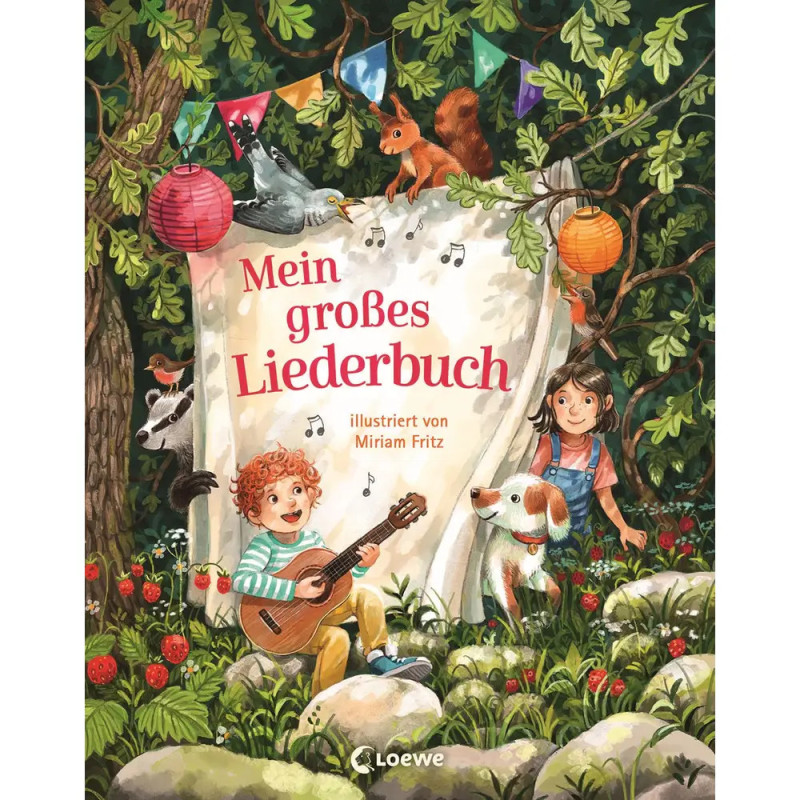 Kinder und Tiere singen und spielen Gitarre im Wald, ein Banner zeigt Mein großes Liederbuch.