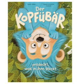 Illustration: Blauer Bär hängt kopfüber vor Blättern, oben der deutsche Titel Der Kopfubär.