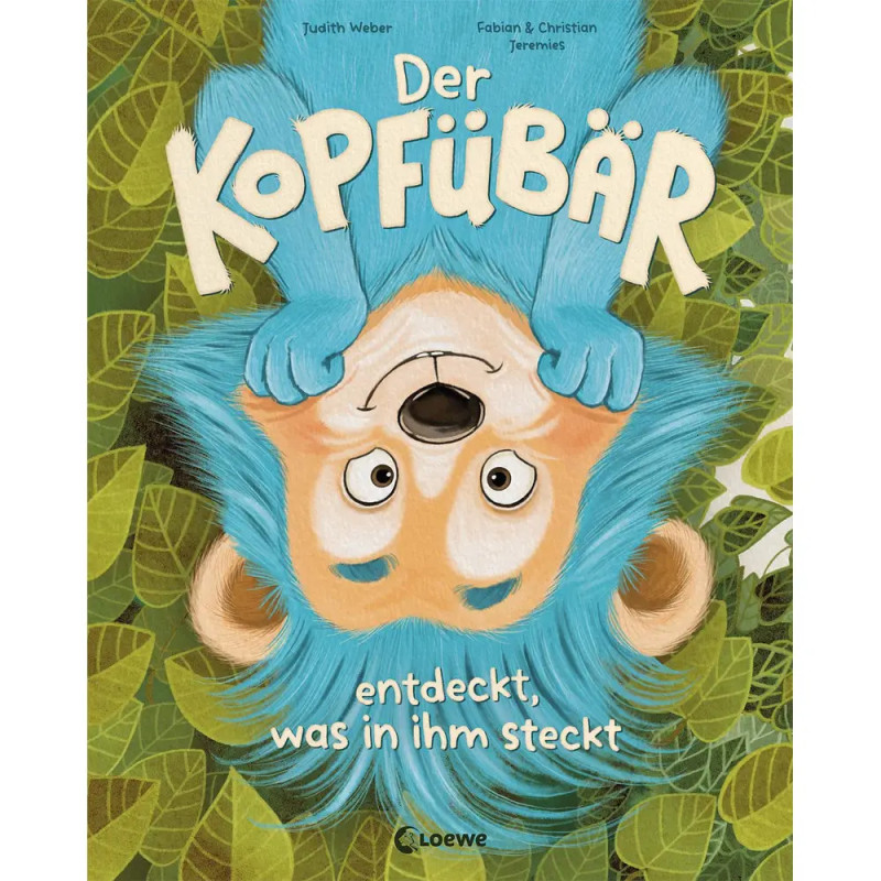 Illustration: Blauer Bär hängt kopfüber vor Blättern, oben der deutsche Titel Der Kopfubär.