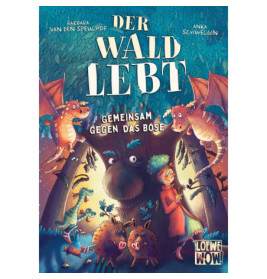 Buntes Buchcover mit Drachen, Tieren, einem Baum mit Gesicht und einer Frau im roten Mantel im Zauberwald.