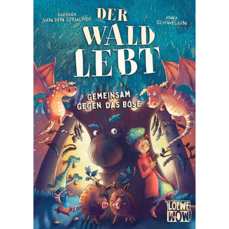 Buntes Buchcover mit Drachen, Tieren, einem Baum mit Gesicht und einer Frau im roten Mantel im Zauberwald.