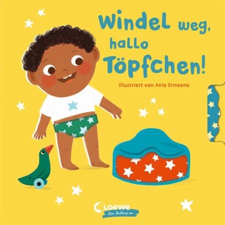 Illustration: Ein Kind in Sternchenunterwäsche, eine Spielzeug-Ente und ein Töpfchen vor gelbem Hintergrund.