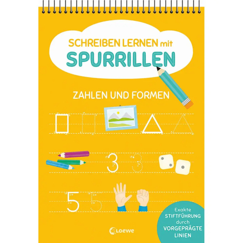 Gelbes Arbeitsheft mit Formen, Zahlen, Stift und deutschem Text zum Schreibenlernen mit Nachspurlinien.