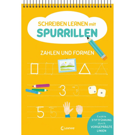 Gelbes Arbeitsheft mit Formen, Zahlen, Stift und deutschem Text zum Schreibenlernen mit Nachspurlinien.