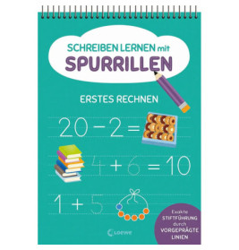 Deutsches Übungsheft für Schreiben und Mathe mit Zeichnungen von Büchern, Keksen und Perlen auf dem Cover.