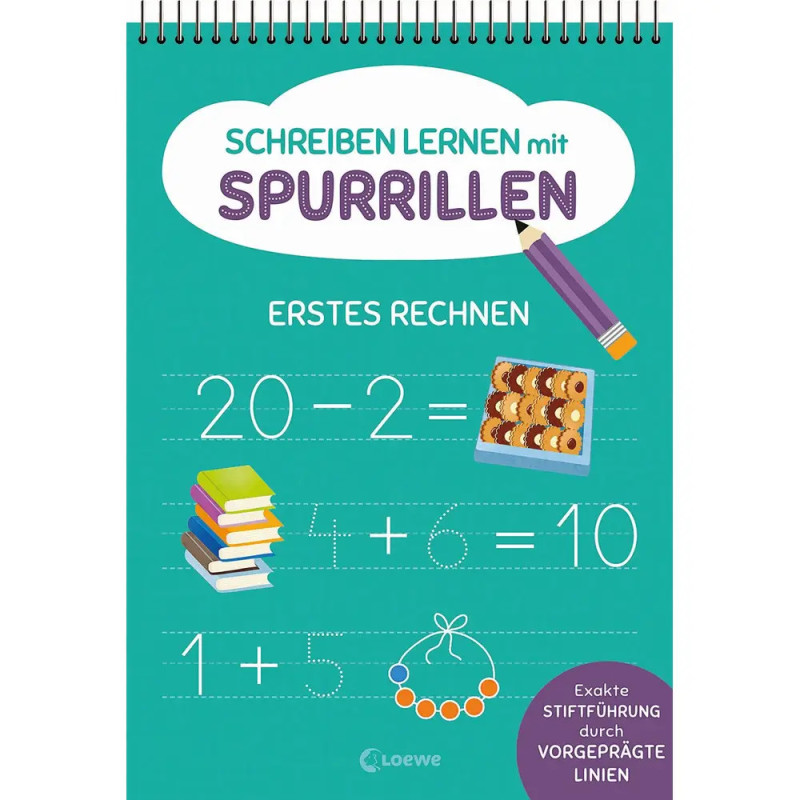 Deutsches Übungsheft für Schreiben und Mathe mit Zeichnungen von Büchern, Keksen und Perlen auf dem Cover.