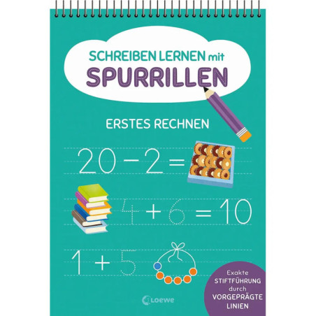 Deutsches Übungsheft für Schreiben und Mathe mit Zeichnungen von Büchern, Keksen und Perlen auf dem Cover.