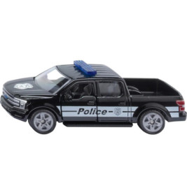 Schwarzer Polizei-Spielzeugpick-up mit weißen Streifen und blauen Dachlichtern, seitliche Ansicht.