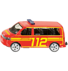 Rotes Spielzeug-Feuerwehrfahrzeug mit gelber 112, Feuerwehr-Schriftzug und blauem Blaulicht.