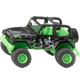 Spielzeug-Geländewagen mit grünen Rädern und Sitzen, schwarzem Körper und Skelettmotiv an der Seite.