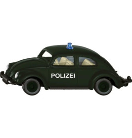 Schwarzes VW-Käfer-Polizeiauto als Spielzeug mit POLIZEI und blauem Signal auf dem Dach.
