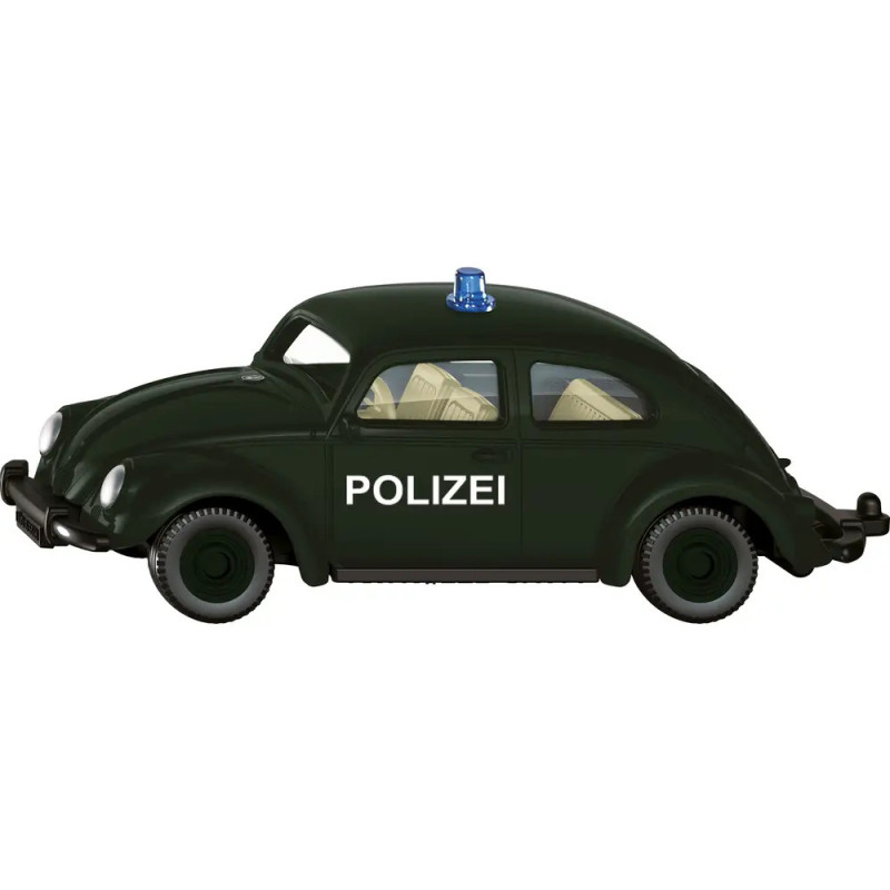 Schwarzes VW-Käfer-Polizeiauto als Spielzeug mit POLIZEI und blauem Signal auf dem Dach.