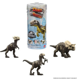 Drei Dinosaurier-Spielfiguren vor einer zylindrischen Jurassic World Dino Reveal Verpackung.