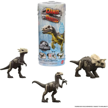 Drei Dinosaurier-Spielfiguren vor einer zylindrischen Jurassic World Dino Reveal Verpackung.