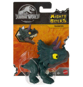 Jurassic World Mighty Biters Triceratops Spielzeug verpackt mit orangenem Hintergrund und Mattel-Logo.