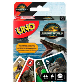 UNO Jurassic World Kartenspiel mit Dinosauriern und Jurassic World-Logo auf der Verpackung.