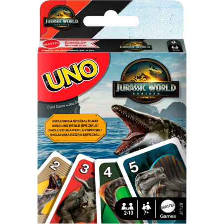 UNO Jurassic World Kartenspiel mit Dinosauriern und Jurassic World-Logo auf der Verpackung.