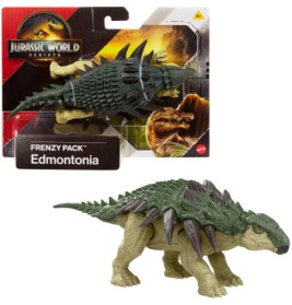 Jurassic World Edmontonia Spielfigur, grün mit grauen Stacheln, in und außerhalb der Verpackung.