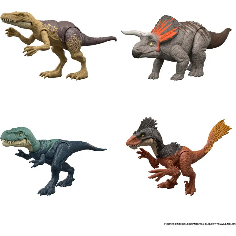 Vier Dinosaurier-Spielzeugfiguren verschiedener Arten auf weißem Hintergrund im Zweier-Grid angeordnet.