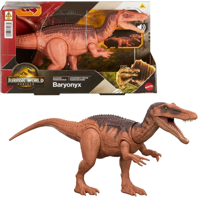 Jurassic World Baryonyx-Dinosaurier-Spielzeug in Verpackung und als detailreiche Figur gezeigt.