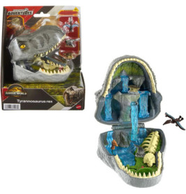 Spielset mit aufklappbarem T. rex-Kopf, der eine Dino-Szene mit Figuren und Wasserfällen zeigt.