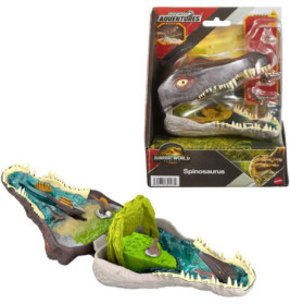 Jurassic World Spinosaurus Spielset mit Dino-Kopf-Verpackung und offenem Spielbereich.