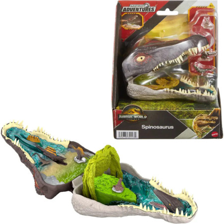 Jurassic World Spinosaurus Spielset mit Dino-Kopf-Verpackung und offenem Spielbereich.