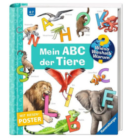 Tierisches Alphabet-Buchcover mit bunten Buchstaben und Tier-Illustrationen, Titel auf Deutsch.