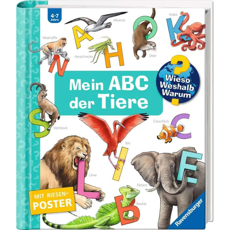 Tierisches Alphabet-Buchcover mit bunten Buchstaben und Tier-Illustrationen, Titel auf Deutsch. Tierisches Alphabet-Buchcover mit bunten Buchstaben und Tier-Illustrationen, Titel auf Deutsch.